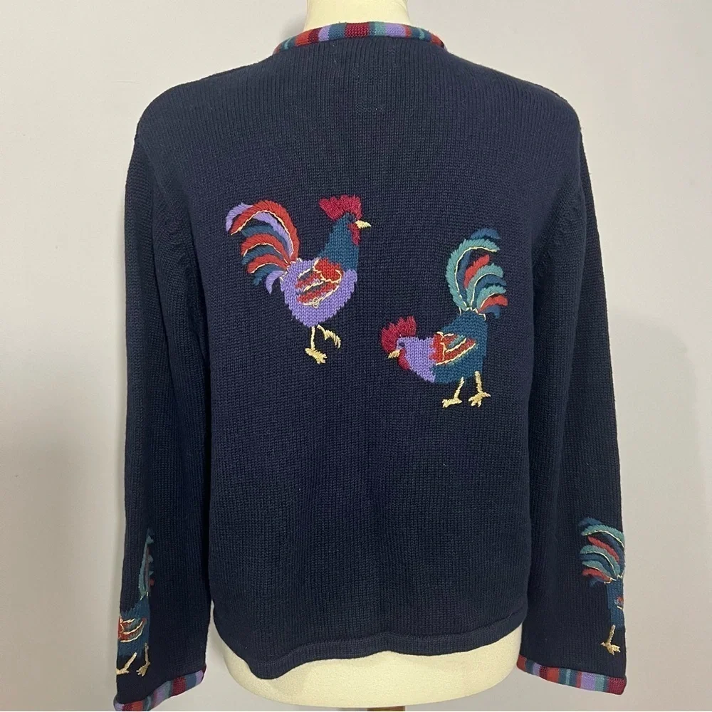 Vintage cotton knit cardigan sweater chickens roosters embroidered country chic - Picture 4 of 11